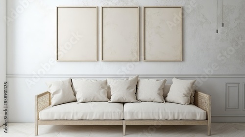 Clean White Interior Mockup Featuring a Stylish Couch and Blank Wall Art