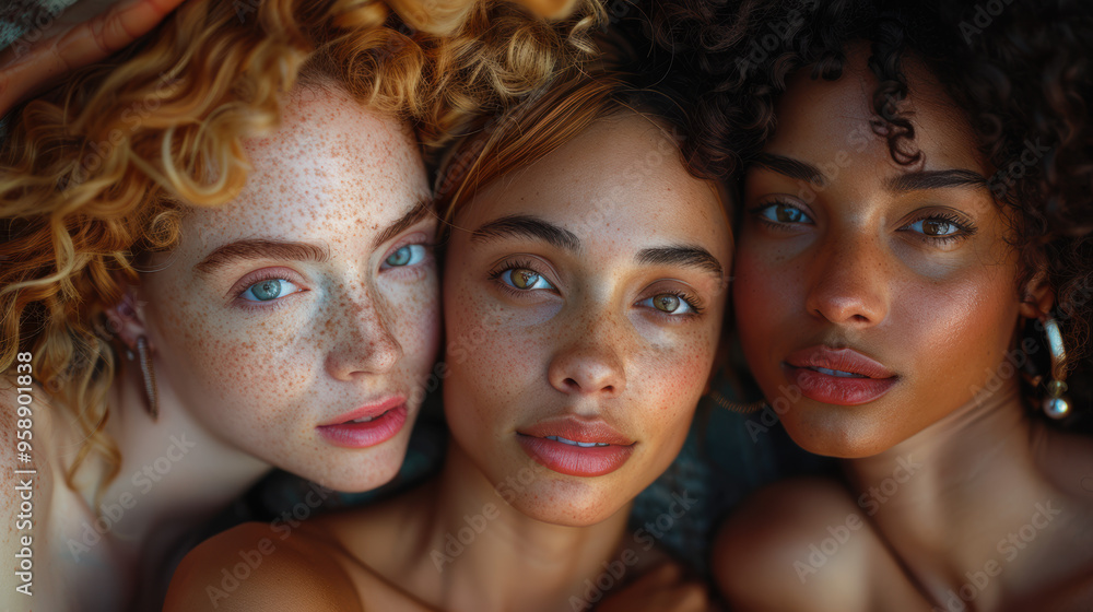 Three women with freckles, curly hair, close-up portrait, natural look Three women with freckles, curly hair, close-up portrait, natural look