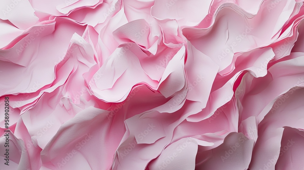 Obraz premium Abstract 3D wallpaper featuring pink crumpled paper layers, arranged artistically for a modern, fashion-inspired look.