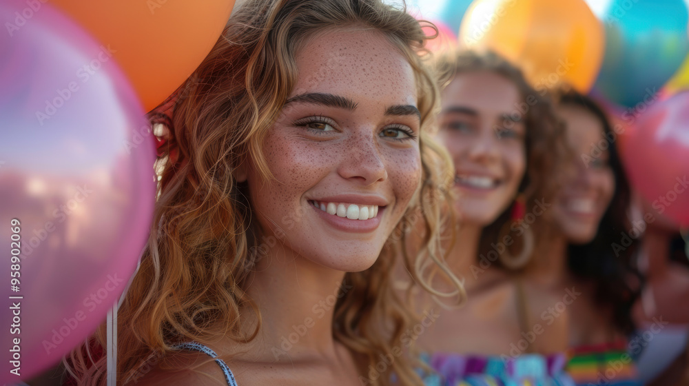 Group of smiling women with balloons, outdoor, festive atmosphere Group of smiling women with balloons, outdoor, festive atmosphere