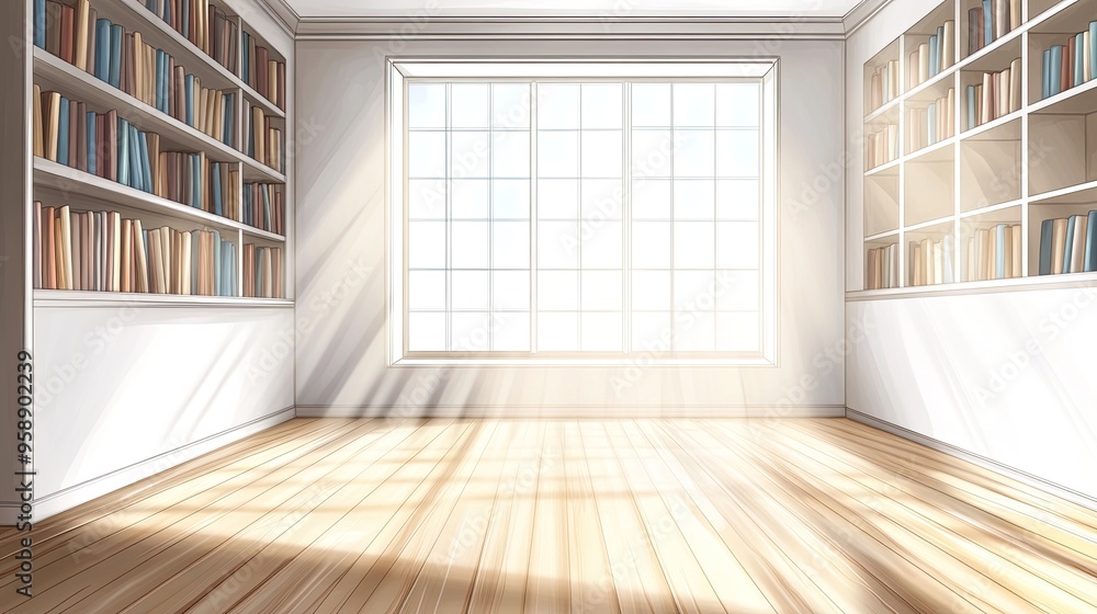 Obraz premium A bright, airy room with bookshelves and sunlight streaming through large windows.
