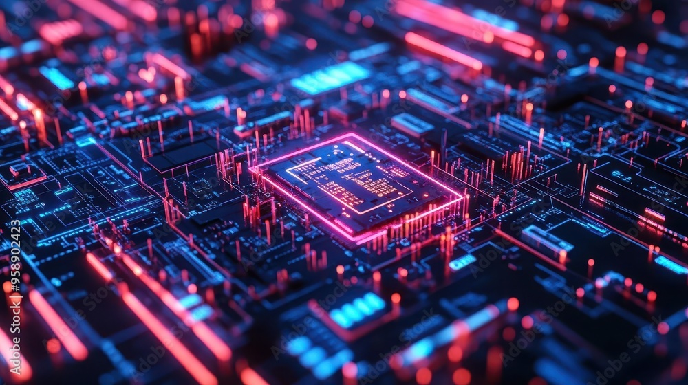 Futuristic digital circuit board with glowing neon lights and a central processor, symbolizing technology and innovation. Futuristic digital circuit board with glowing neon lights and a central processor, symbolizing technology and innovation.
