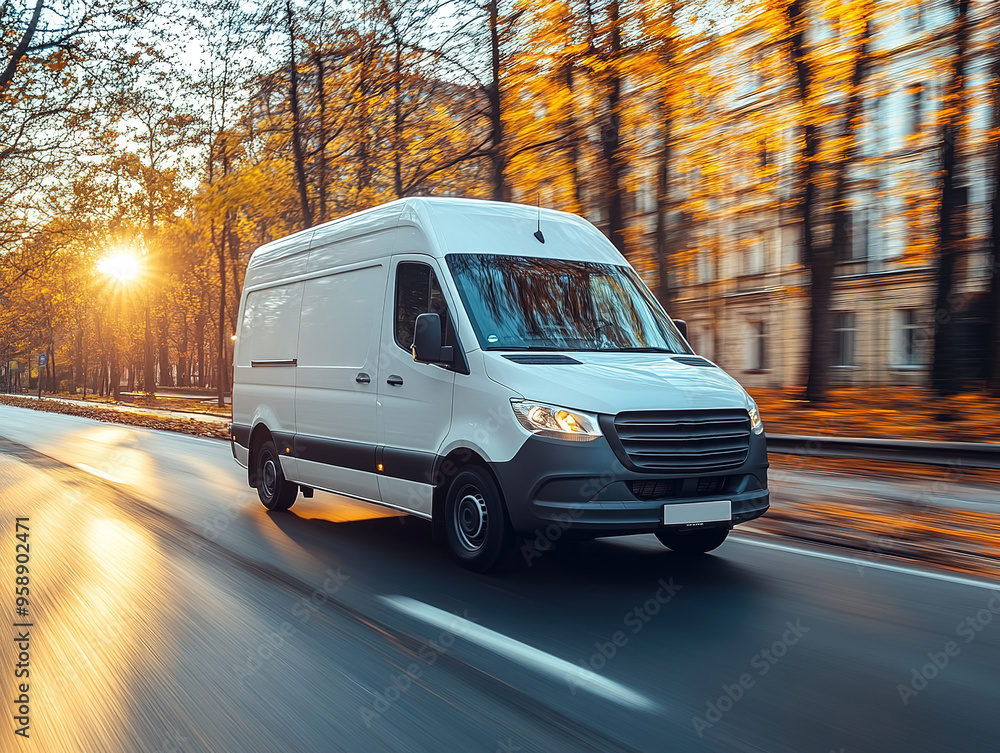 White modern delivery small shipment cargo courier van moving fast on motorway road to city White modern delivery small shipment cargo courier van moving fast on motorway road to city
