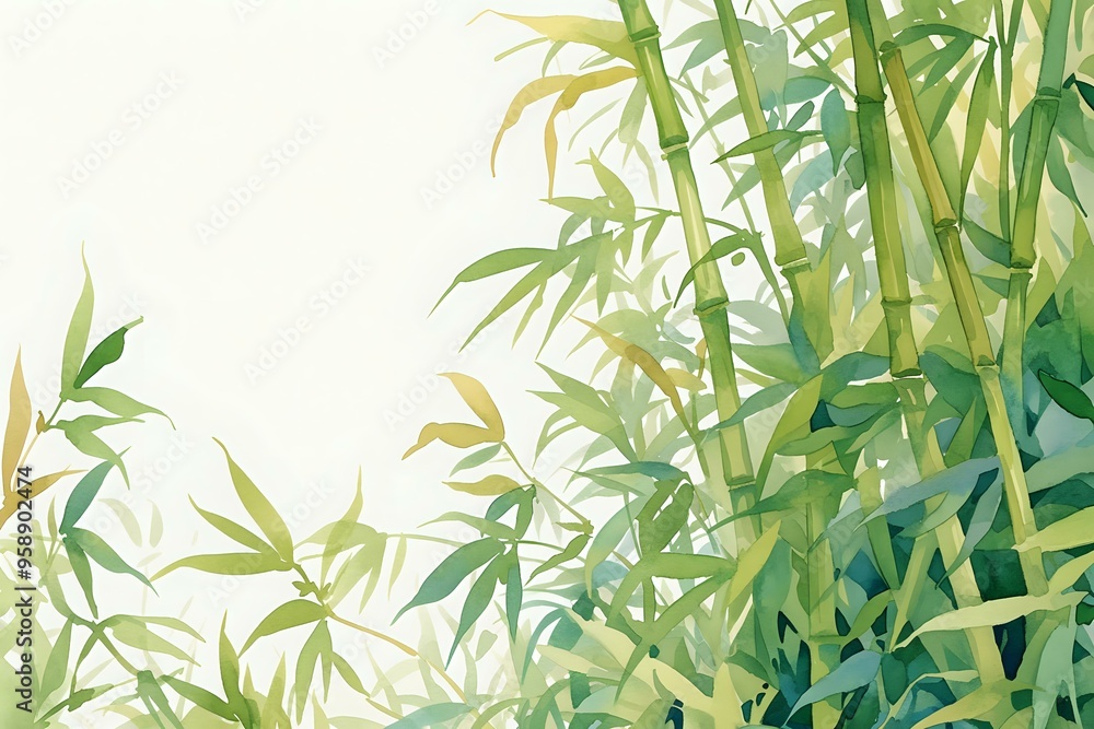 Fototapeta premium Watercolor painting of bamboo leaves in various shades of green, creating a peaceful and natural atmosphere. Ideal for nature-themed designs, backgrounds, and Zen-inspired projects.