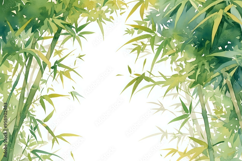 Obraz premium Watercolor painting of bamboo leaves in various shades of green, creating a peaceful and natural atmosphere. Ideal for nature-themed designs, backgrounds, and Zen-inspired projects.