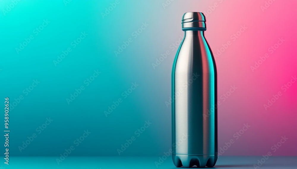 A sleek metallic water bottle stands against a vibrant gradient background, emphasizing hydration and modern design. A sleek metallic water bottle stands against a vibrant gradient background, emphasizing hydration and modern design.