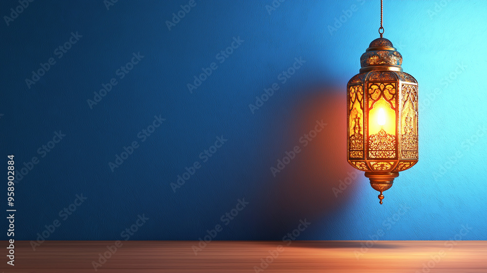 3d render illustration, a hanging arabic lantern, blue backdrop, Islamic banner concept 3d render illustration, a hanging arabic lantern, blue backdrop, Islamic banner concept