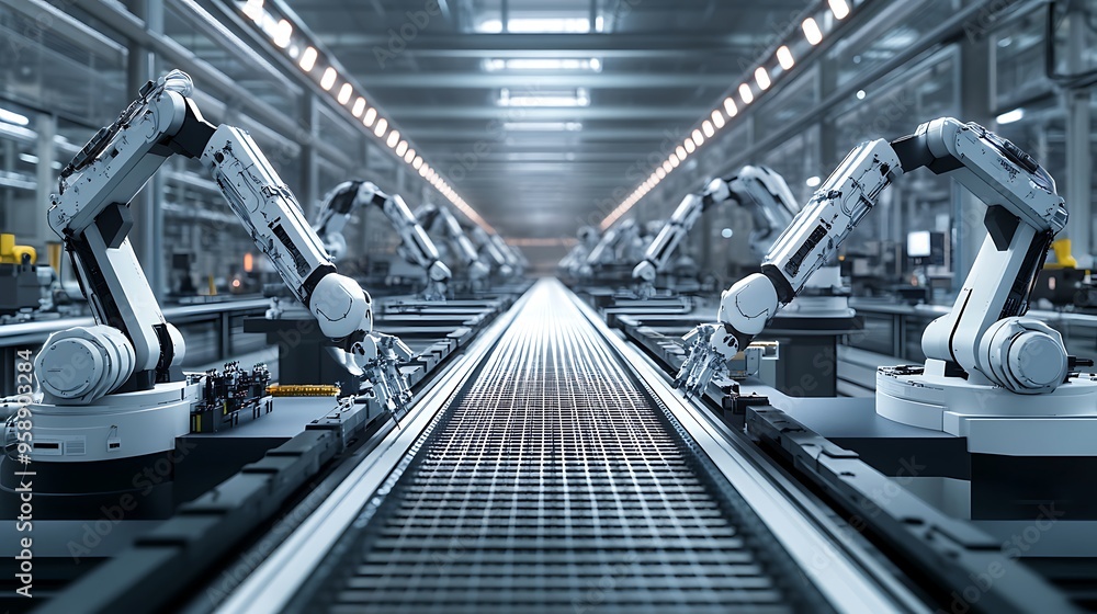 High-Tech Manufacturing Floor with Robotic Arms Assembling Computer Components in Synchronization, Brightly Lit and Efficient Environment High-Tech Manufacturing Floor with Robotic Arms Assembling Computer Components in Synchronization, Brightly Lit and Efficient Environment