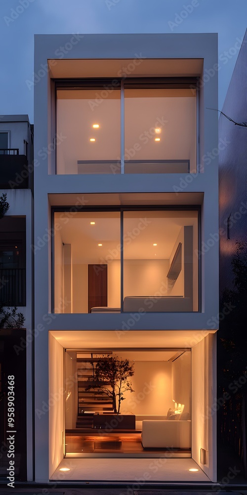 Modern Minimalist House With Large Windows At Dusk Modern Minimalist House With Large Windows At Dusk