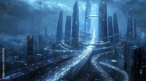 A Futuristic Cityscape with Elevated Highways and Towers photo