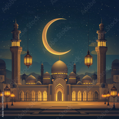 vector illustration, a mosque and crescent moon, glowing light, eid and ramadan, Islamic concept photo