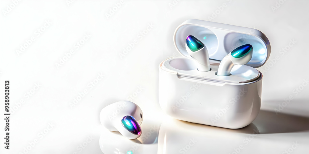 Modern Wireless Earbuds with Holographic Sound Controls - Top Down View Concept Illustration in Smart Business Tone Modern Wireless Earbuds with Holographic Sound Controls - Top Down View Concept Illustration in Smart Business Tone