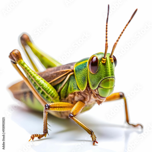 a close up of a grasshopper with white background