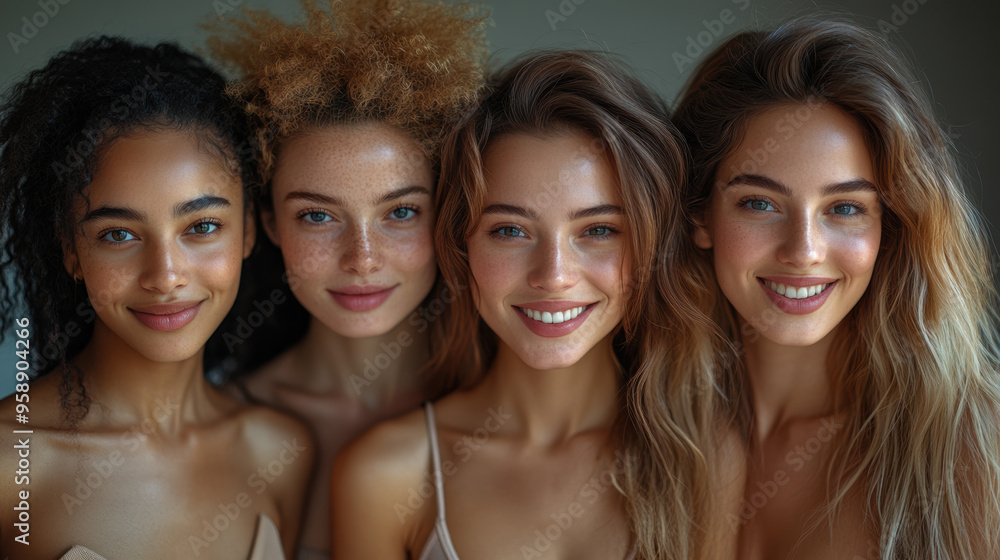 Four women smiling, close-up portrait, natural lighting, unity concept Four women smiling, close-up portrait, natural lighting, unity concept