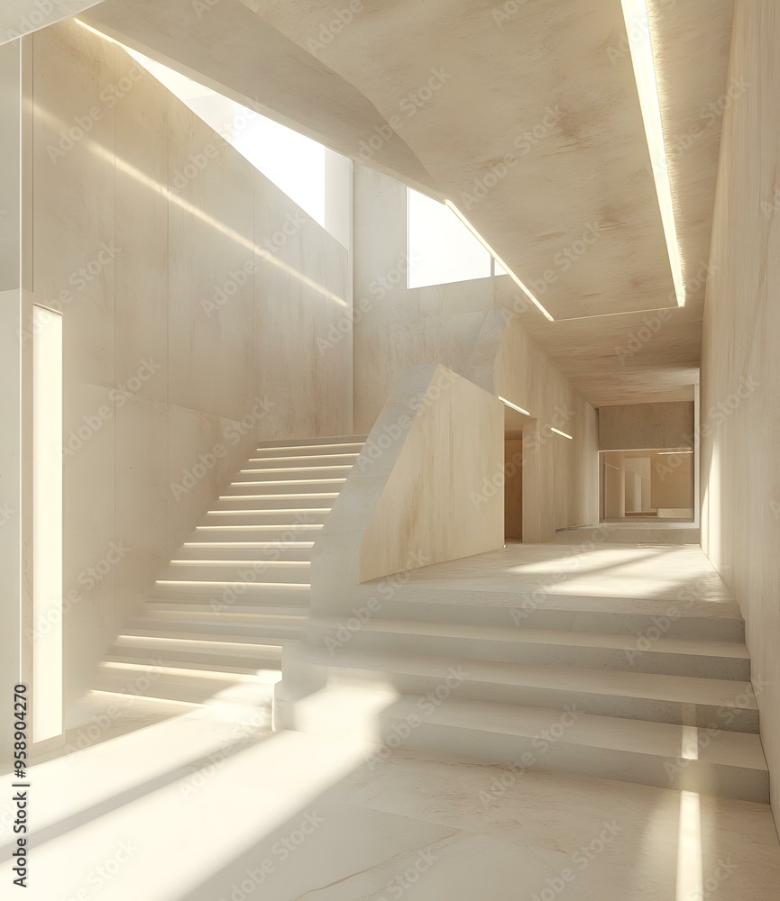 Fototapeta premium Modern Minimalist Staircase Interior Design with Sunlight