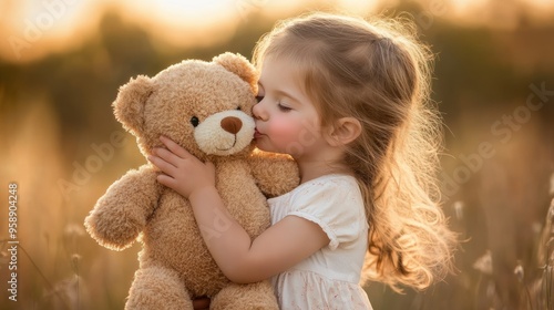 A little girl is hugging a teddy bear