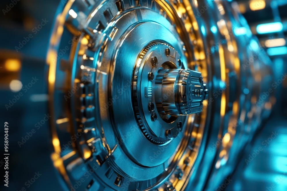 Close-up of a metallic gear with intricate details, showcasing a futuristic design in vibrant colors and smooth textures. Close-up of a metallic gear with intricate details, showcasing a futuristic design in vibrant colors and smooth textures.