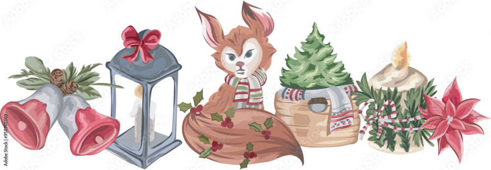 Naklejka premium Christmas fox decoration illustration on transparent background. 