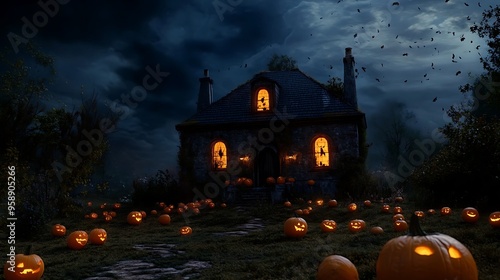 A spooky, dark image of a stone house with lit windows and pumpkins lining a path leading to the house.  The house is set against a backdrop of a dark, stormy sky with bats flying overhead.   photo