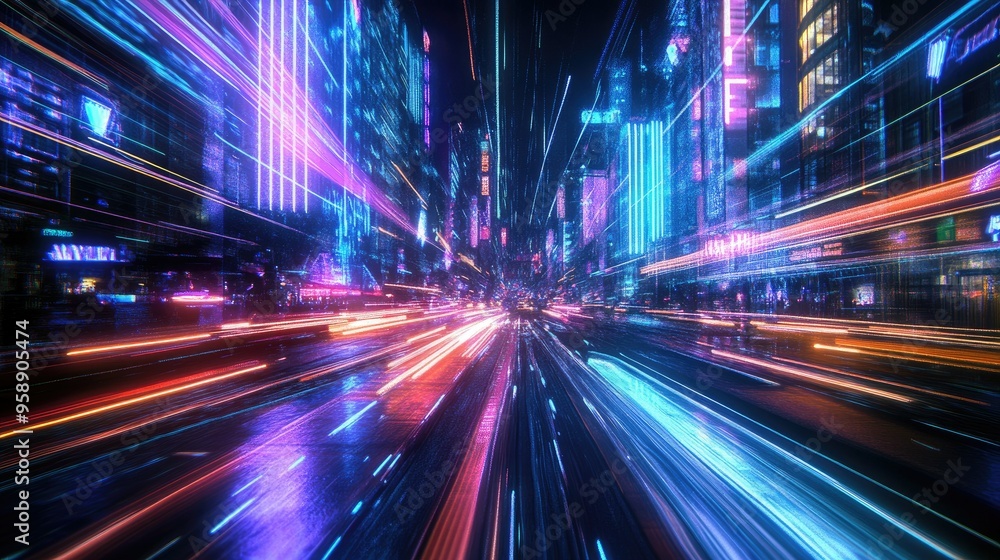 Abstract cityscape featuring neon light trails and dynamic motion effects, offering a futuristic and energetic urban scene. - Abstract cityscape featuring neon light trails and dynamic motion effects, offering a futuristic and energetic urban scene. -