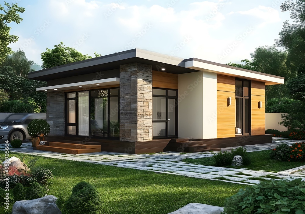 Modern House with Stone and Wood Exterior Modern House with Stone and Wood Exterior