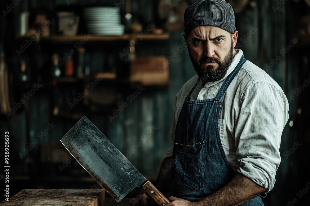 The Butcher's Gaze: A hardened man, wielding a cleaver, stares intensely, hinting at the raw power and artistry of his craft. The Butcher's Gaze: A hardened man, wielding a cleaver, stares intensely, hinting at the raw power and artistry of his craft.