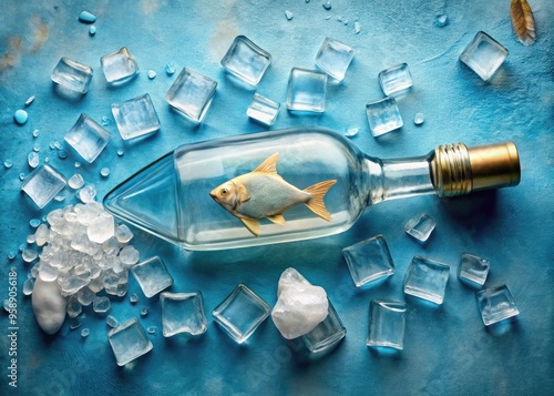 Empty clear glass bottle with a fish-shaped label lies on its side, surrounded by scattered ice cubes, water droplets, and a few scraps of torn paper. photo