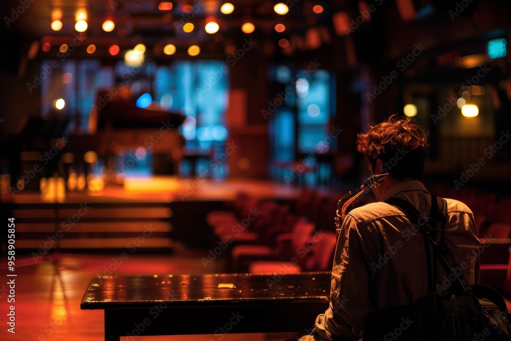 Musician Reflecting in Empty Jazz Club with Saxophone - Dreaming of Performing Opportunities Musician Reflecting in Empty Jazz Club with Saxophone - Dreaming of Performing Opportunities