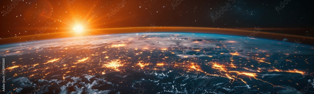 An image of a view of the earth from space with bright lights, banner, copy space An image of a view of the earth from space with bright lights, banner, copy space