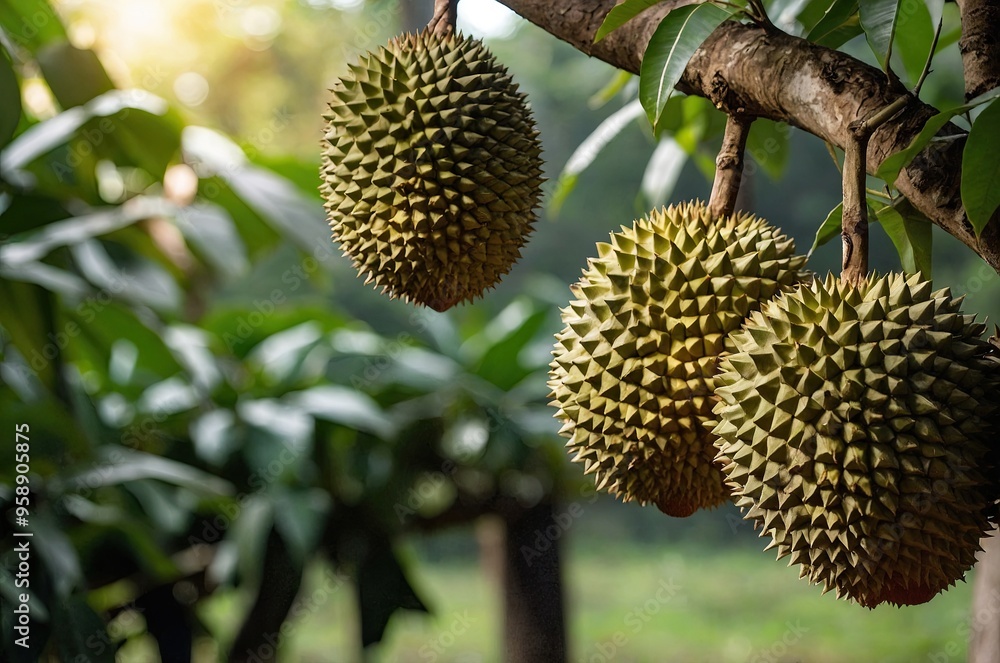 Durian fruits hanging on a tree, with green leaves in the background Durian fruits hanging on a tree, with green leaves in the background