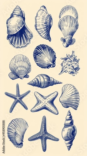 various sea shells, a starfish, and a sea urchin in blue ink, intricately detailed and isolated on a white background