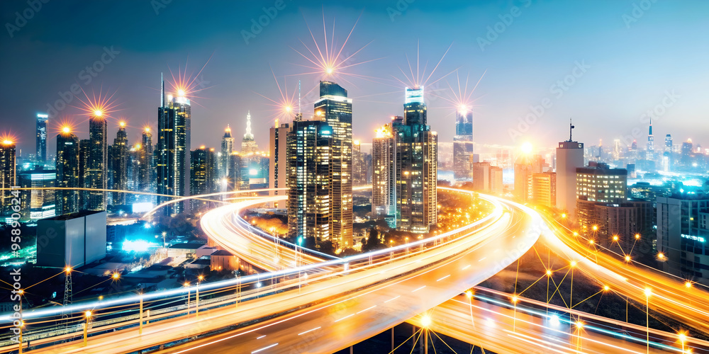 Fototapeta premium Glowing Abstract Data Streams Transforming Digital Cityscape - Urban Management & Technological Efficiency in Futuristic Aerial View