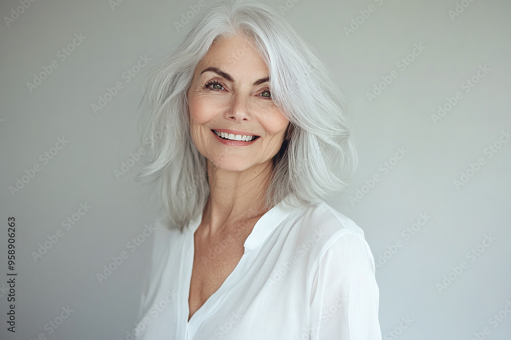 Beautiful Elegant Mature Senior Elderly Woman 50s 60s with Grey Gray Hair Smiling Close-up Portrait Clean Background. Healthy Face Skin Beauty Care, Skincare, Cosmetics. Aging Gracefully. Beautiful Elegant Mature Senior Elderly Woman 50s 60s with Grey Gray Hair Smiling Close-up Portrait Clean Background. Healthy Face Skin Beauty Care, Skincare, Cosmetics. Aging Gracefully.