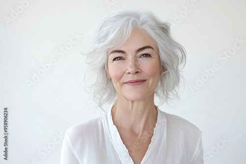 Beautiful Elegant Mature Senior Elderly Woman 50s 60s with Grey Gray Hair Smiling Close-up Portrait Clean Background. Healthy Face Skin Beauty Care, Skincare, Cosmetics. Aging Gracefully.