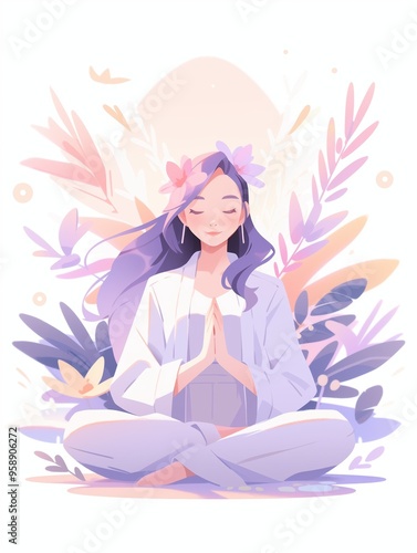 Wallpaper Mural Woman meditating in nature. Illustration for yoga, meditation and healthy lifestyle. illustration in flat cartoon style Torontodigital.ca