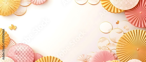 Cute Japanese-inspired pattern background with a golden yellow and pink gradient, white space at the top of the screen, traditional Japanese patterns, golden waves, delicate texture, light gold color photo