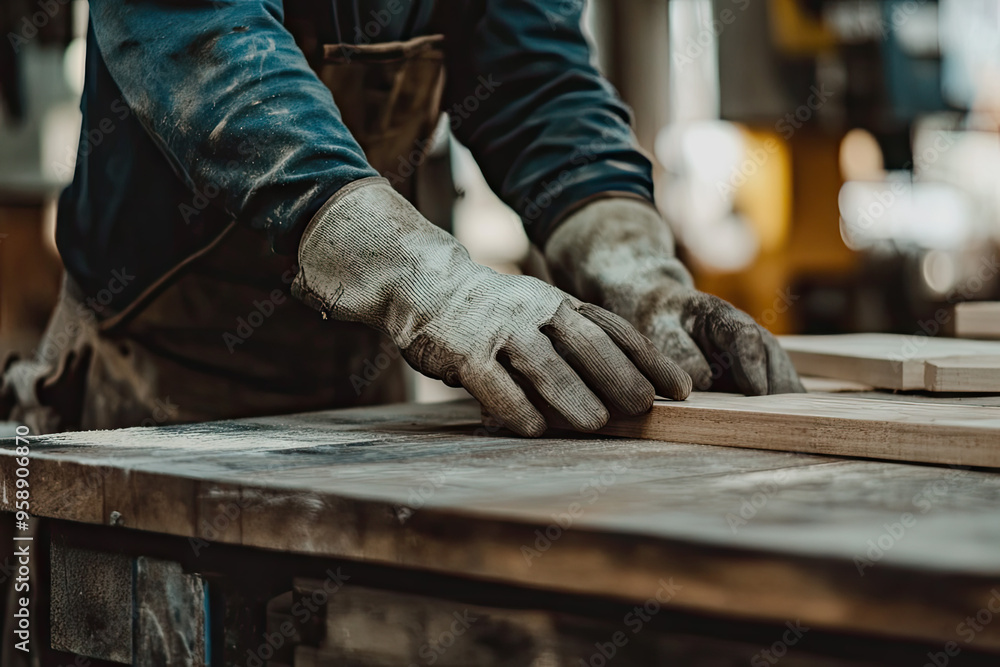 Close-Up of a Carpenter's Hands, Expertly Measuring a Piece of Wood, Ready to Craft a Masterpiece. Close-Up of a Carpenter's Hands, Expertly Measuring a Piece of Wood, Ready to Craft a Masterpiece.