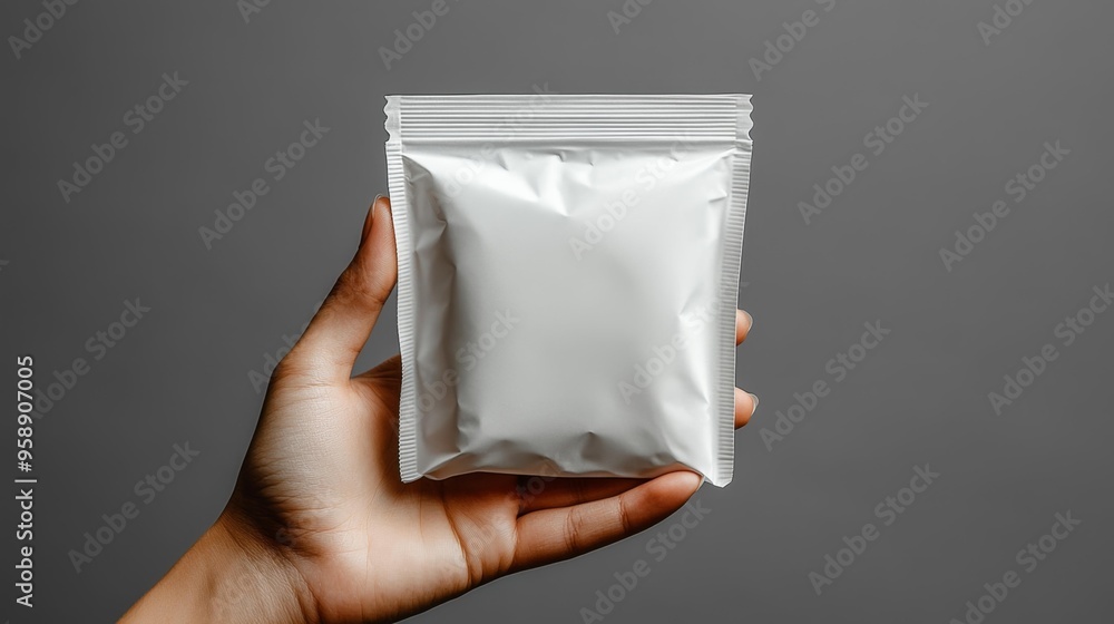 Hand Holding Sealed White Pouch Package Generative AI Hand Holding Sealed White Pouch Package Generative AI