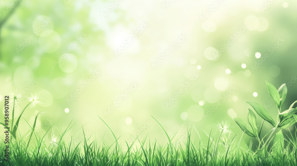 Green grass and plants with a soft-focus, bokeh light background suggesting a fresh, serene nature scene Green grass and plants with a soft-focus, bokeh light background suggesting a fresh, serene nature scene