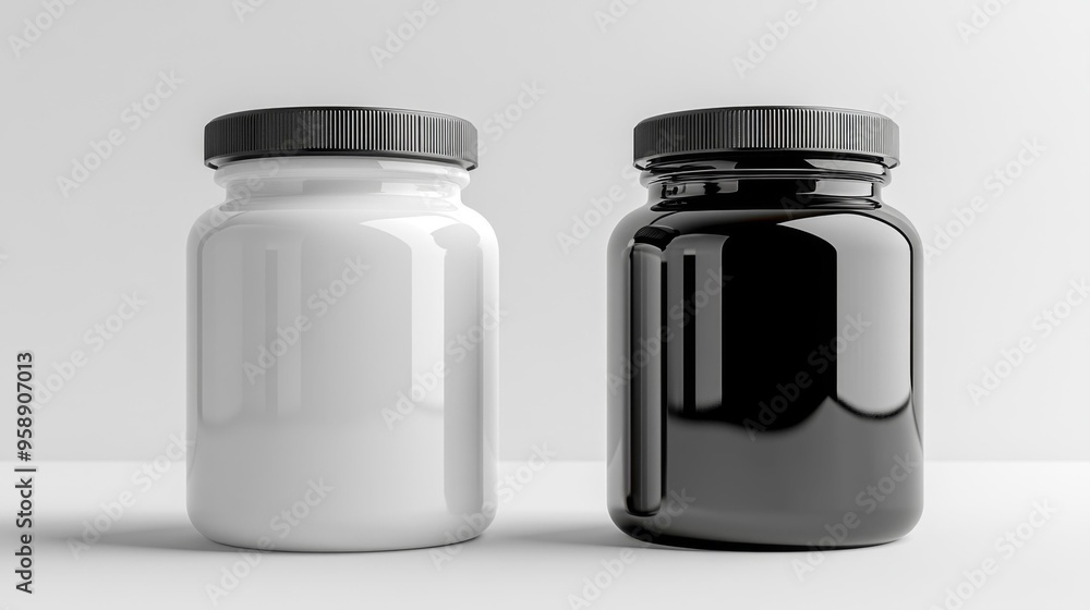 White and Black Plastic Jars on White Background Generative AI White and Black Plastic Jars on White Background Generative AI