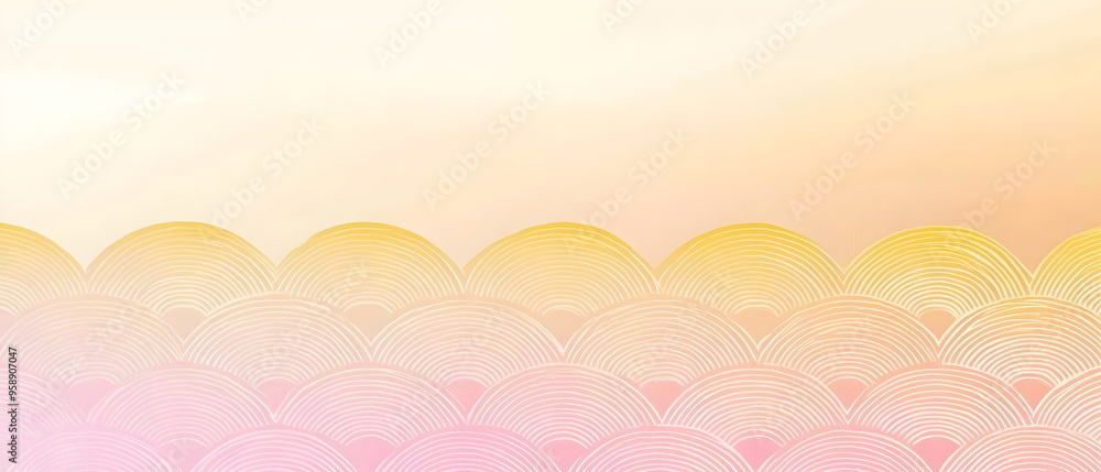 Cute Japanese-inspired pattern background with a golden yellow and pink gradient, white space at the top of the screen, traditional Japanese patterns, golden waves, delicate texture, light gold color Cute Japanese-inspired pattern background with a golden yellow and pink gradient, white space at the top of the screen, traditional Japanese patterns, golden waves, delicate texture, light gold color