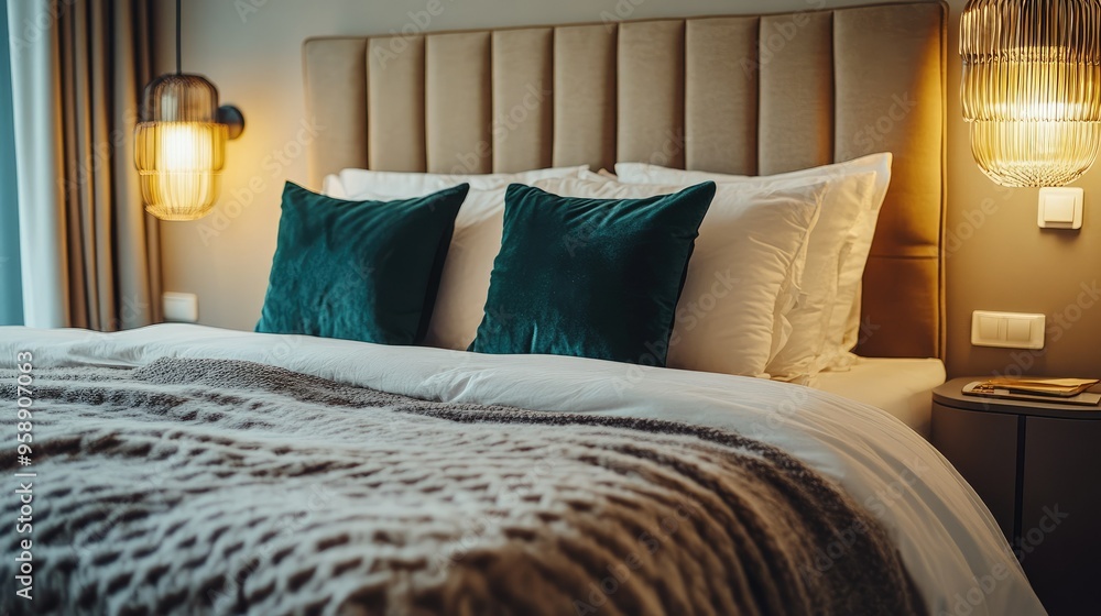 Bed with luxurious bedding and bedside lamps, with ample room for copy on the wall. Bed with luxurious bedding and bedside lamps, with ample room for copy on the wall.