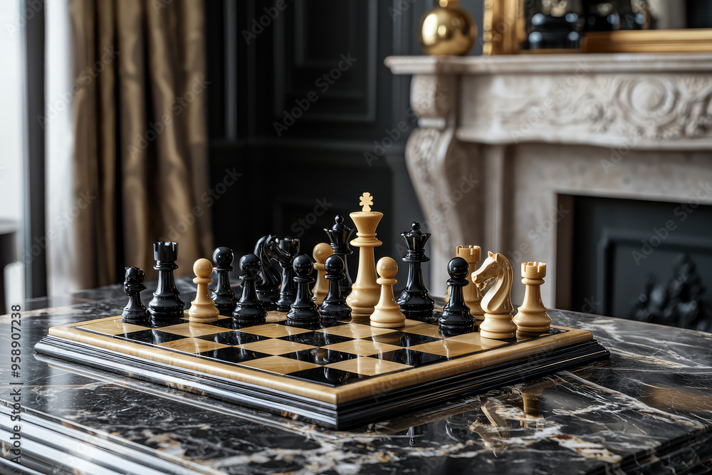 A Classic Chessboard Set Up on a Luxurious Marble Table, Ready for a Strategic Game. A Classic Chessboard Set Up on a Luxurious Marble Table, Ready for a Strategic Game.