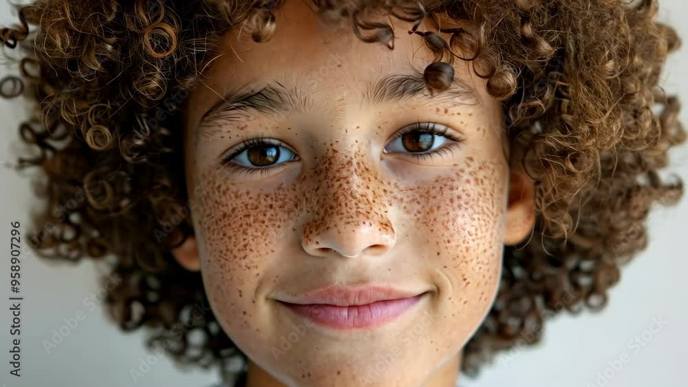 Young boy with curly hair and freckles smiles warmly against a light background in a bright and inviting setting Young boy with curly hair and freckles smiles warmly against a light background in a bright and inviting setting