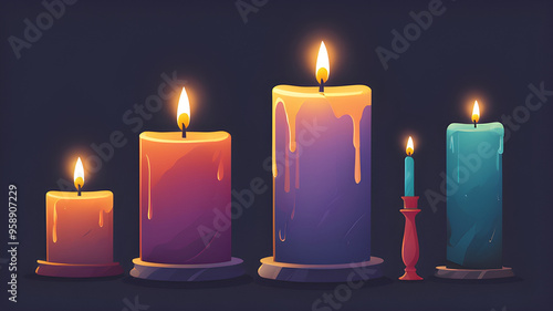 Three glowing candles burning in the dark, creating a romantic and festive atmosphere. photo