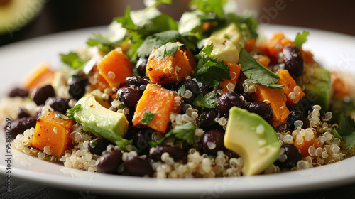 A vibrant salad made with quinoa, black beans, sweet potatoes, avocados, and parsley, showcasing a beautifully arranged nutrient-rich dish perfect for any meal.