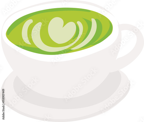 Cartoon matcha latte illustration on transparent background.
