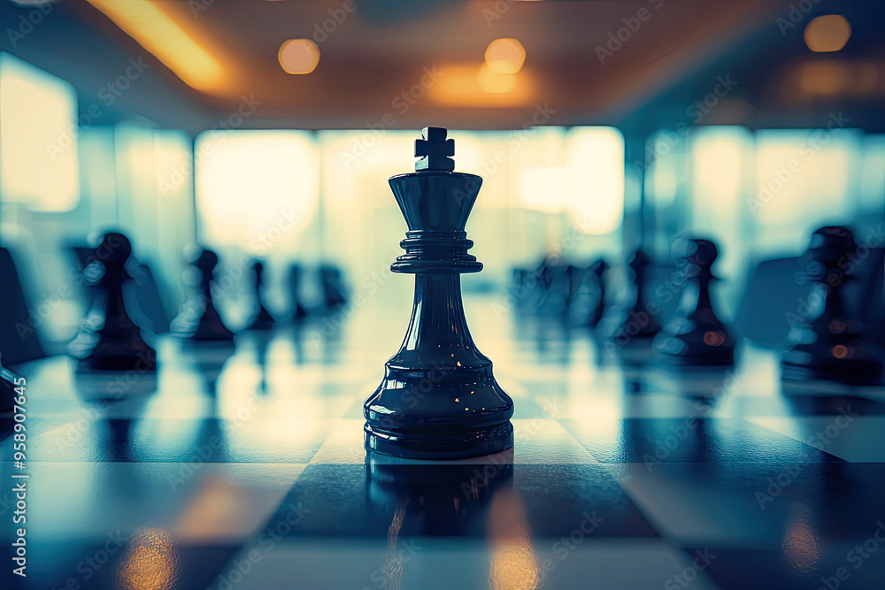 The King Stands Alone: A Chess Piece in Focus, Against a Blurred Conference Room Background. The King Stands Alone: A Chess Piece in Focus, Against a Blurred Conference Room Background.