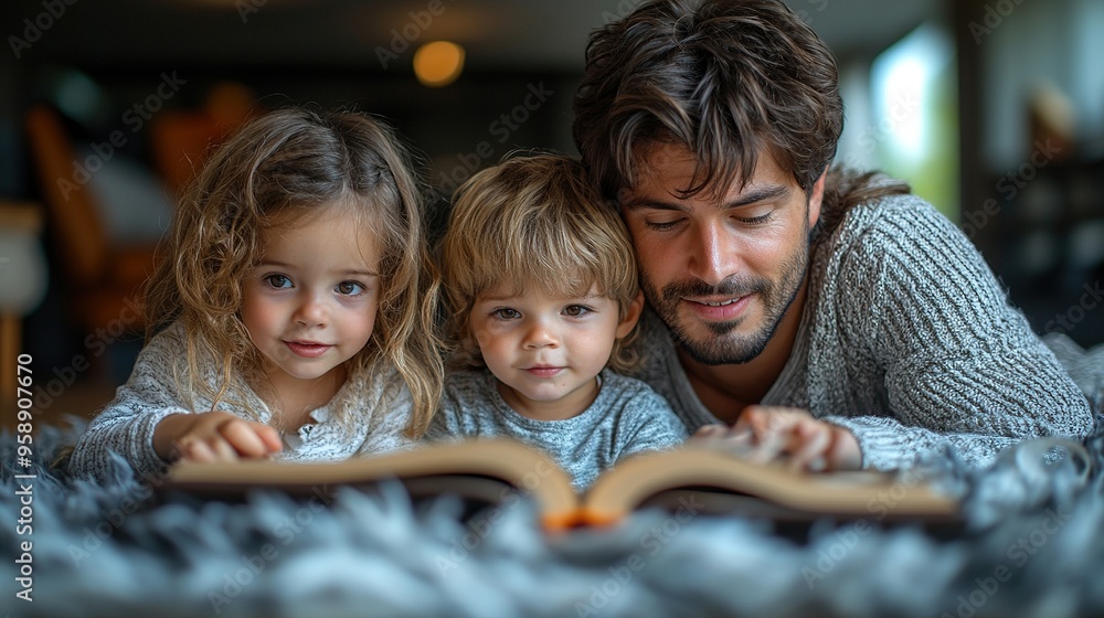 young family with two little children sitting on floor and reading book at home young family with two little children sitting on floor and reading book at home