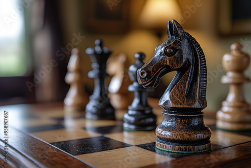 A Wooden Knight Stands Tall, Ready to Charge Across the Chessboard, Its  Intricate Detail and Polished Surface Gleaming Under Warm Lighting.
